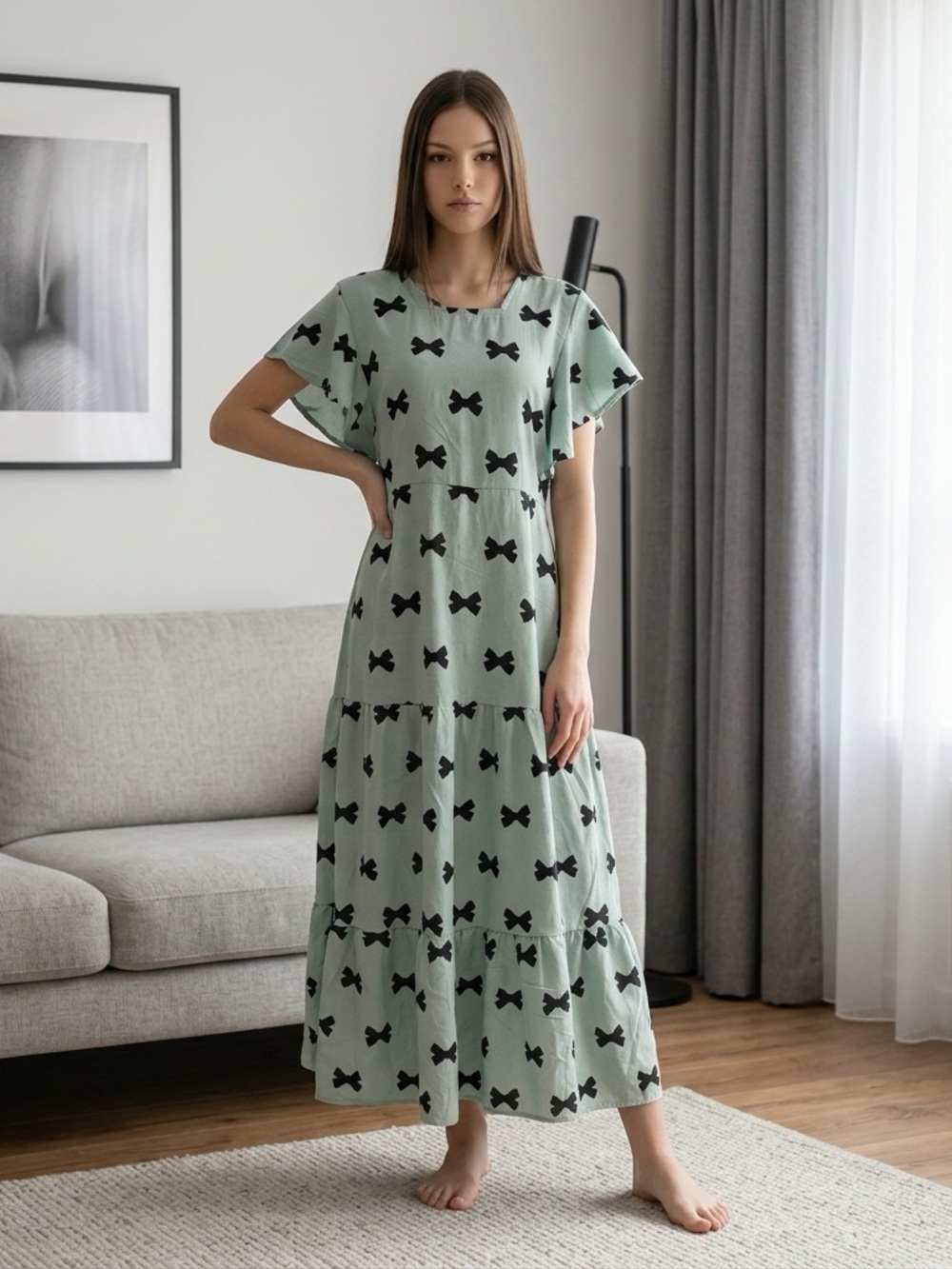 Light Green Bow-Print Tiered Maxi Dress - Women